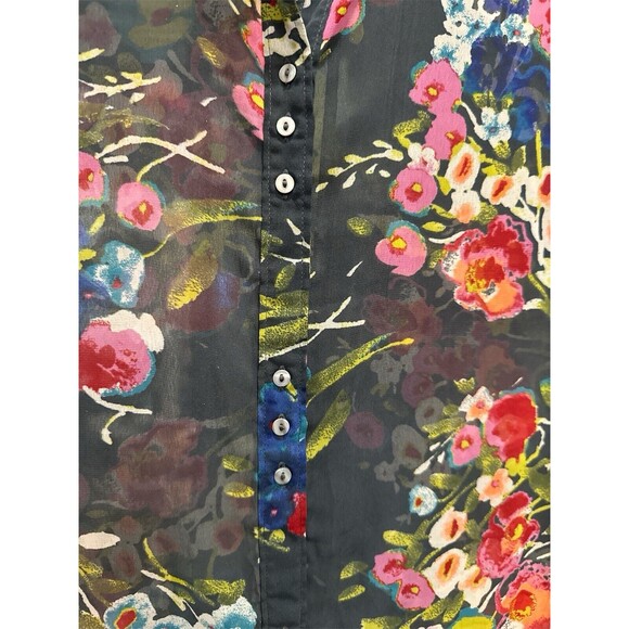 Kut from the Kloth  Women's Sheer Blouse Size LG Blue Floral Print Button Front - Picture 3 of 10